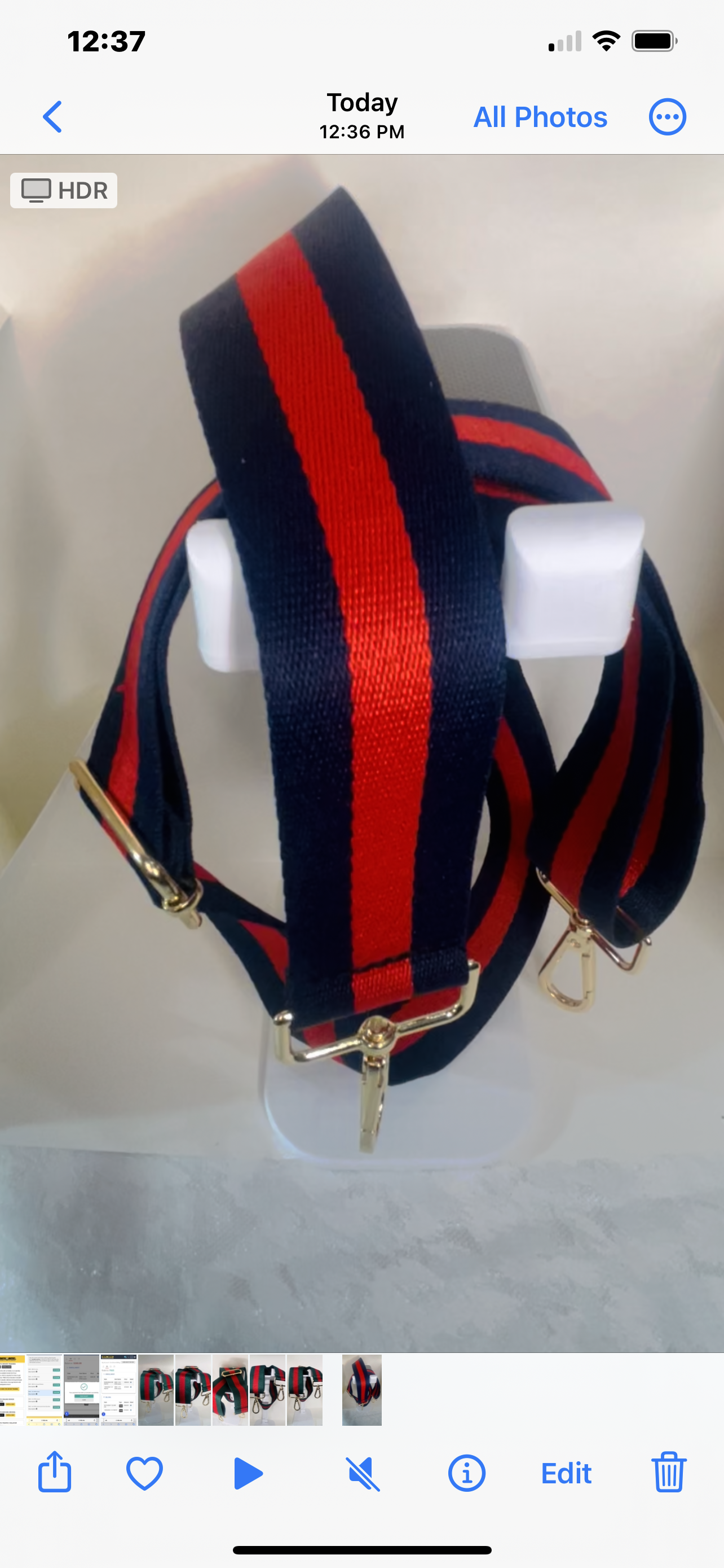 BLUE-RED-BLUE STRIPED CROSSBODY PURSE STRAP WITH GOLD-COLOR HARDWARE