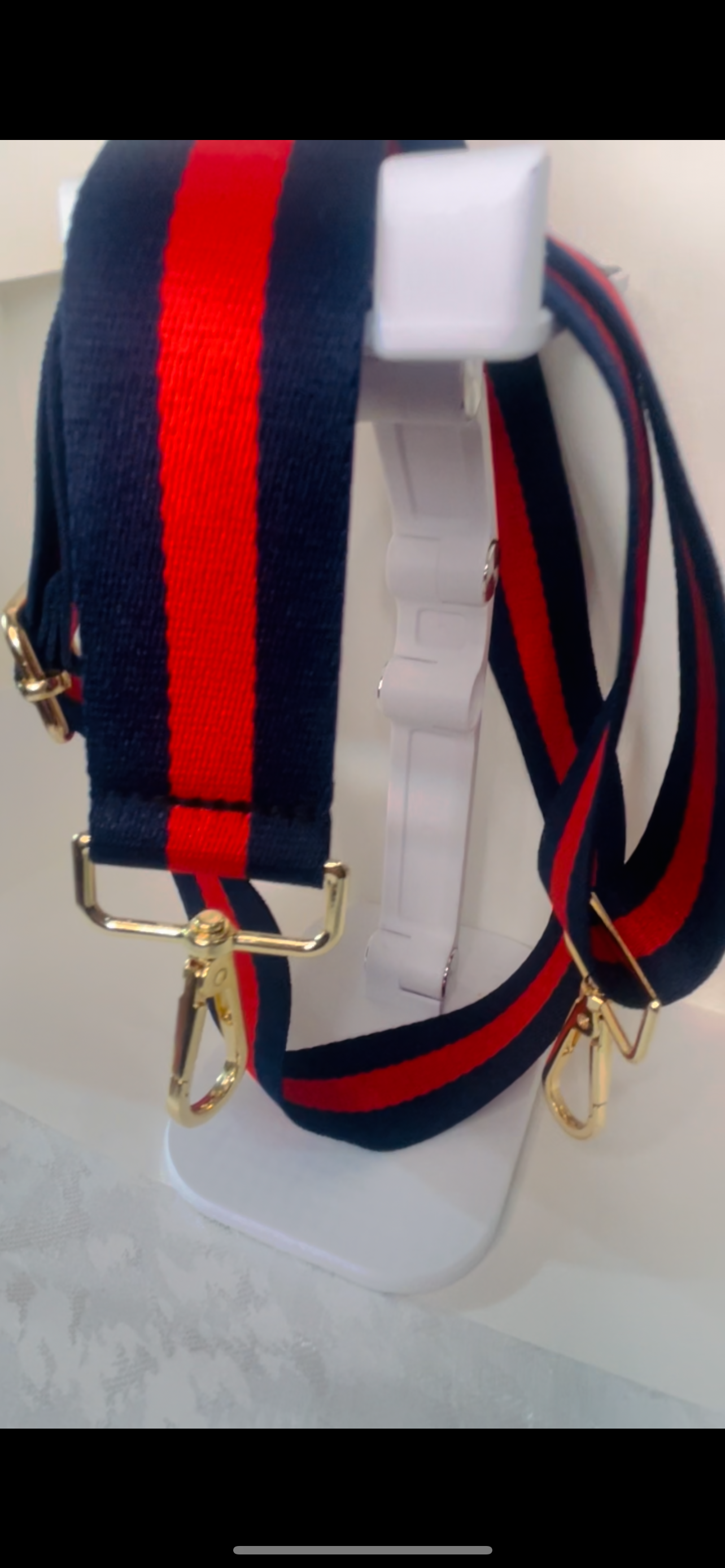 BLUE-RED-BLUE STRIPED CROSSBODY PURSE STRAP WITH GOLD-COLOR HARDWARE