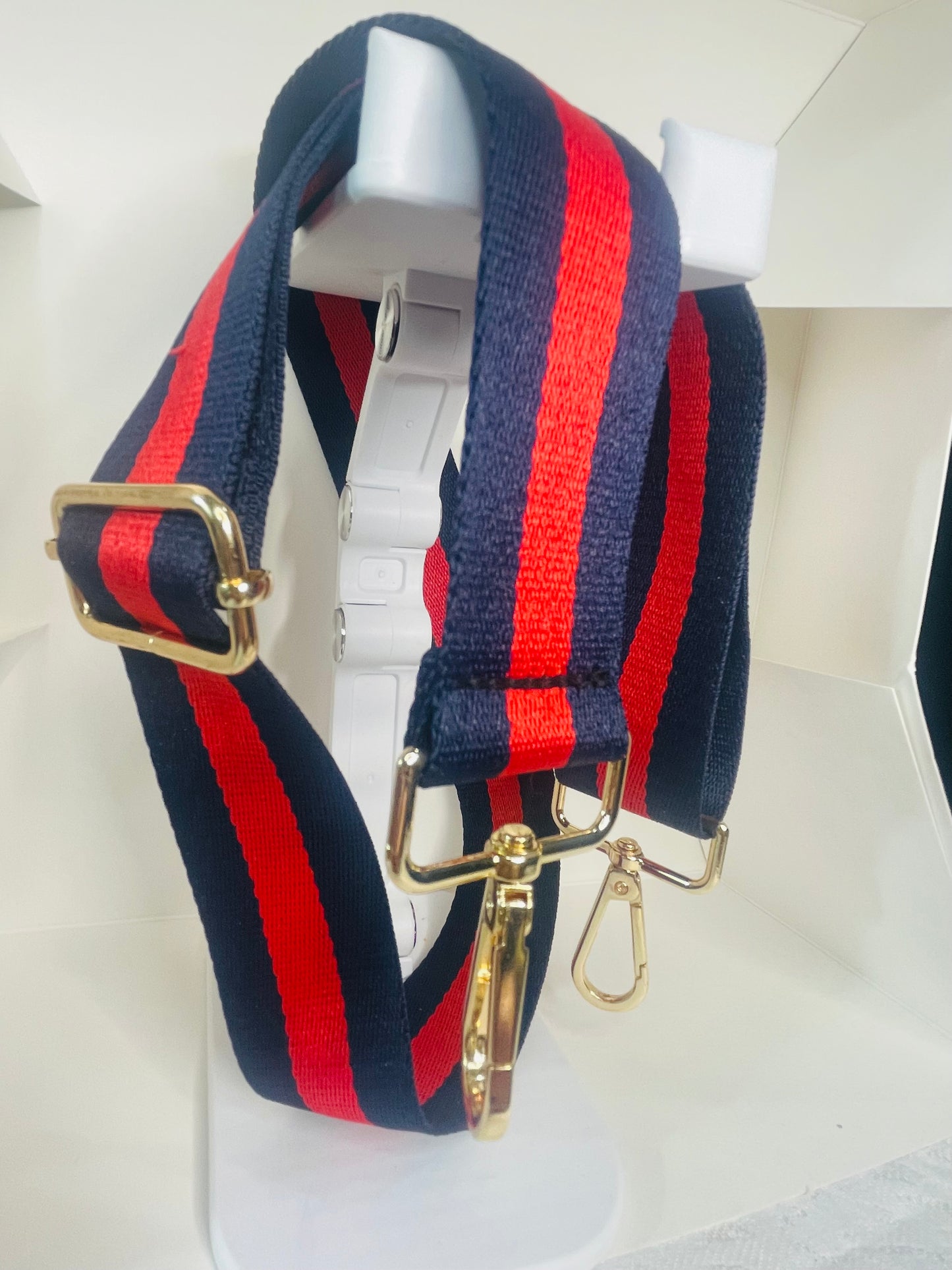 BLUE-RED-BLUE STRIPED CROSSBODY PURSE STRAP WITH GOLD-COLOR HARDWARE